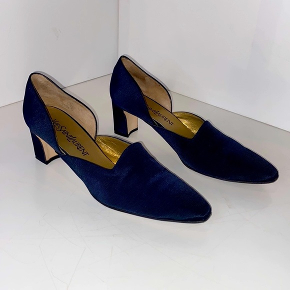 YSL Vintage ‘96 Vogue Navy Arianna D’Orsay pumps fabric & leather Italy EUC 9N - Picture 1 of 13